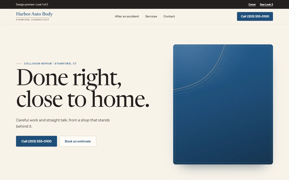 First screen of a preview design (Auto body shop, Stamford)