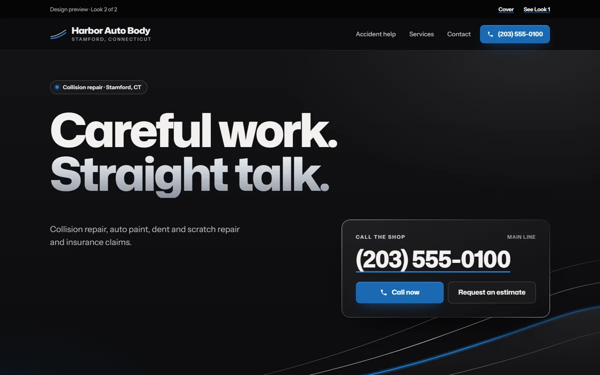 First screen of a preview design (Auto body shop, Stamford)