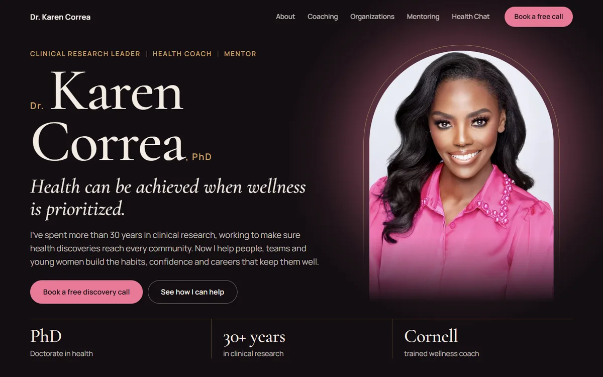 First screen of the Dr. Karen Correa website