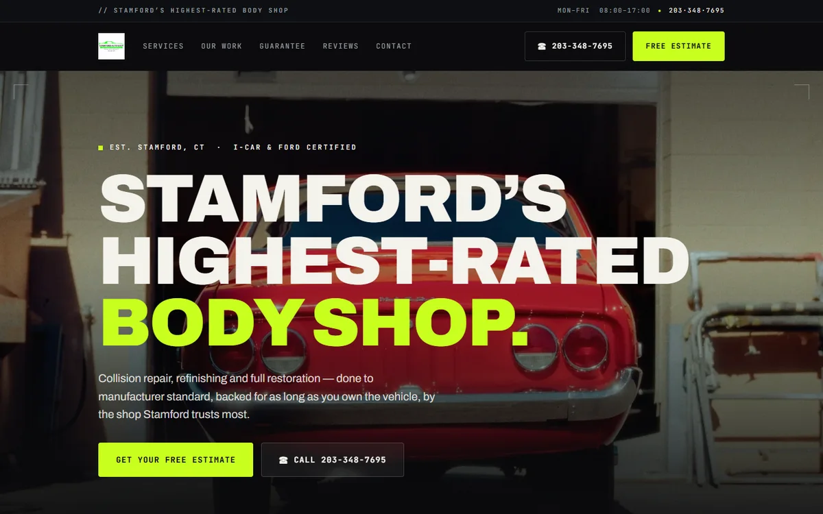 First screen of the Stamford Autobody website